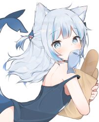 Rule 34 | 1girl, animal ears, bag, baguette, bare shoulders, blue dress, blue eyes, blush, bread, cat ears, dress, eyelashes, facial mark, fang, fins, fish in mouth, fish tail, fishnets, floating hair, food, from side, gawr gura, grey hair, hair ornament, half updo, hands up, highres, ho miming, holding, holding bag, hololive, hololive english, long hair, looking at viewer, looking to the side, one side up, paper bag, shark hair ornament, shark tail, shoulder blades, simple background, sleeveless, sleeveless dress, solo, strap slip, tail, tail raised, upper body, virtual youtuber, whisker markings, white background