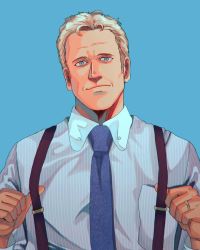 Rule 34 | 1boy, animification, better call saul, blonde hair, blue background, blue necktie, blue shirt, breaking bad, collared shirt, commentary, english commentary, forehead, head tilt, highres, howard hamlin, male focus, necktie, prim42, shirt, smile, solo, suspenders pull