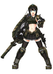 Rule 34 | 1girl, armor, black hair, blue eyes, breast pocket, breasts, cannon, clenched hand, elbow gloves, gloves, gun, highres, japan steel works 120, mecha musume, midriff, military, military uniform, military vehicle, motor vehicle, navel, necktie, open mouth, original, pauldrons, personification, pleated skirt, pocket, saamon (railgun0522), short hair, shoulder armor, simple background, skirt, solo, submachine gun, tank, thighhighs, turret, type 10 (tank), uniform, weapon, white background, zettai ryouiki