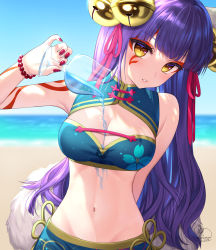 Rule 34 | 1girl, absurdres, arm behind back, artist name, beach, bead bracelet, beads, bell, blurry, blurry background, bracelet, cup, daji (monster strike), day, eyeshadow, facial mark, hair bell, hair ornament, hair ribbon, hand up, highres, holding, holding cup, jewelry, kohanayuki, long hair, looking at viewer, makeup, monster strike, nail polish, navel, parted lips, pink ribbon, pouring, pouring onto self, purple hair, red nails, ribbon, signature, solo, upper body, yellow eyes