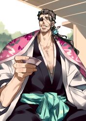 1boy absurdres beard black_kimono bleach blue_sash brown_hair cup eyepatch facial_hair haori highres holding holding_cup japanese_clothes kimono kyouraku_shunsui looking_to_the_side male_focus ponytail sash single_sidelock solo xi_luo_an_ya