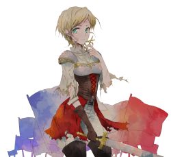Rule 34 | 00s, 1girl, axis powers hetalia, belt, blonde hair, boots, cross, cuts, dress, elbow gloves, flag, gloves, green eyes, hinabu, injury, jeanne d&#039;arc (hetalia), solo, thigh boots, thighhighs, torn clothes