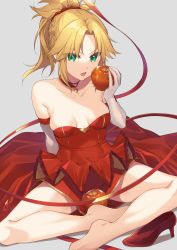 Rule 34 | 1girl, absurdres, bare legs, bare shoulders, barefoot, blush, breasts, choker, cleavage, collarbone, commission, dress, elbow gloves, fate/apocrypha, fate (series), food, fruit, gloves, green eyes, grey background, high heels, highres, holding, holding food, holding fruit, kan&#039;yu (citron 82), layered dress, long hair, medium breasts, mordred (fate), mordred (fate/apocrypha), parted bangs, ponytail, red choker, red dress, red footwear, shoes, simple background, skeb commission, solo, strapless, strapless dress, unworn footwear, unworn shoes, v-shaped eyebrows, white gloves