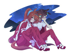 Rule 34 | 2girls, animal ears, brown hair, closed mouth, commentary request, daiwa scarlet (umamusume), full body, gym uniform, highres, horse ears, horse girl, horse tail, hoyon, jacket, long hair, long sleeves, looking at viewer, multicolored hair, multiple girls, night, night sky, red eyes, red hair, shoes, sitting, sky, streaked hair, tail, tiara, track jacket, twintails, umamusume, vodka (umamusume), white background, white footwear, white hair
