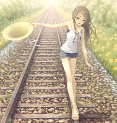 Rule 34 | 1girl, balancing, bare shoulders, blue eyes, brown hair, bush, camisole, day, flower, grass, hair ornament, hairclip, hat, unworn hat, hat ribbon, unworn headwear, holding, holding hat, legs, long hair, long legs, open mouth, original, outdoors, outstretched arm, railroad tracks, ribbon, rock, sandals, short shorts, shorts, sleeveless, smile, solo, sun hat, tokumaru
