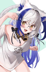 Rule 34 | 1girl, :d, absurdres, animal ear fluff, animal ears, aomiya yozuri, blue hair, blush, braid, breasts, cleavage, commentary request, fang, glasses, goggles, goggles around neck, gradient hair, hand up, highres, large breasts, leaning forward, long hair, looking at viewer, multicolored hair, off shoulder, open mouth, paw pose, round eyewear, shirt, siyara amau, skin fang, smile, solo, standing, streaked hair, tail, tongue, vee (vtuber), virtual youtuber, white hair, white shirt, yellow eyes