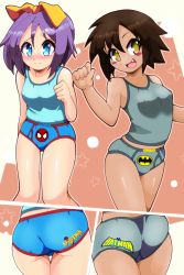 Rule 34 | 2girls, arm at side, armpits, ass, batman (series), batman print, blue briefs, blue camisole, blue eyes, blush, bow, breasts, briefs, brown hair, camisole, character name, clenched hands, collarbone, covered erect nipples, dc comics, embarrassed, euf-dreamer, eyelashes, fang, female focus, fingernails, grey briefs, grey camisole, hair between eyes, hair bow, hair ornament, hair ribbon, hand up, happy, highres, hiiragi tsukasa, kusakabe misao, legs, legs together, light blush, looking at viewer, lucky star, male underwear, marvel, midriff, multiple girls, multiple views, name tag, neck, open mouth, parted bangs, purple hair, ribbon, shiny clothes, shiny skin, short hair, shy, sidelocks, small breasts, smile, spider-man (series), spider-man print, standing, thighs, thighs together, tomboy, underwear, underwear only, unworn clothes, yellow bow, yellow eyes, yellow ribbon