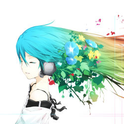 Rule 34 | 1girl, aqua hair, closed eyes, face, female focus, flower, hair flower, hair ornament, hatsune miku, headphones, highres, irena, long hair, open mouth, plant, simple background, smile, solo, vocaloid, white background, wind