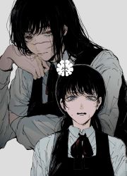 Rule 34 | 2girls, black hair, chainsaw man, collared shirt, dress, dual persona, facial scar, grey background, grey eyes, grey shirt, hand on own arm, head on hand, head rest, highres, long sleeves, looking at viewer, low twintails, medium hair, mitaka asa, multiple girls, neck ribbon, nervous, open mouth, pinafore dress, portrait, red eyes, ribbon, ringed eyes, scar, scar on cheek, scar on face, scar on nose, school uniform, shirt, short twintails, simple background, sleeveless dress, straight-on, sweat, twintails, white shirt, yoru (chainsaw man), yukke (nama29 umai)