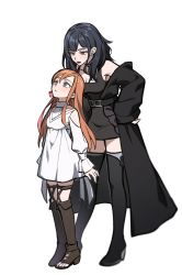 Rule 34 | 2girls, aged down, aged up, black hair, blue eyes, blunt bangs, boots, breasts, brown hair, child, clothing cutout, dress, final fantasy, final fantasy xiv, full body, gaia (ff14), hair between eyes, height difference, high heel boots, high heels, highres, hyur, long hair, long sleeves, medium breasts, multiple girls, ryne waters, shoulder cutout, simple background, standing, thighhighs, toeless footwear, very long hair, white background, white dress, wuliu heihuo