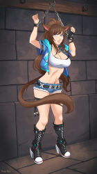 Rule 34 | 1girl, animal ears, arms up, bdsm, belt, black belt, blue eyes, bondage, boots, bound, breasts, brown hair, cat ears, cat girl, cat tail, chain, chained wrists, cleavage, commentary, commission, cropped jacket, cuffs, cutoffs, dungeon, english commentary, final fantasy, final fantasy xiv, fingerless gloves, full body, gloves, high heel boots, high heels, jacket, krystal ka&#039;andi, large breasts, long hair, looking at viewer, miqo&#039;te, navel, open clothes, open jacket, restrained, roxy rex, short shorts, shorts, single fingerless glove, stone floor, stone wall, tail, thigh strap, wall, warrior of light (ff14)