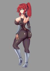Rule 34 | 1girl, absurdres, ass, bare shoulders, blush, bodysuit, boots, borrowed character, breasts, detached collar, from behind, gauntlets, green eyes, highres, large breasts, long hair, looking at viewer, original, ponytail, red hair, scar, scar across eye, scar on face, shiny clothes, shiny skin, sideboob, skin tight, smile, solo, tcv cosmic