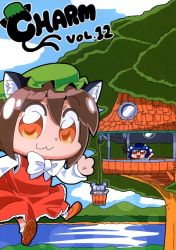 Rule 34 | 3girls, :3, animal ear fluff, animal ears, bkub, black hair, blunt bangs, bow, bowtie, brown eyes, brown hair, bucket, carrot necklace, cat ears, chen, cloud, day, dress, frilled dress, frills, green hat, grey hair, hair over eyes, hat, inaba tewi, jewelry, long sleeves, looking at viewer, mob cap, mouse ears, multiple girls, nazrin, necklace, open mouth, orange eyes, rabbit ears, red dress, scan, shoes, short hair, skirt, tail, third-party source, touhou, tree, treehouse, water, waving, white neckwear
