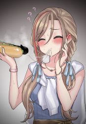 Rule 34 | 1girl, ?, after fellatio, akkgsyk, blank censor, blouse, blue ribbon, blue shirt, blush, braid, breasts, brown hair, censored, closed eyes, closed mouth, collarbone, confused, cum, cum string, food, hair between eyes, hair ribbon, highres, holding, holding food, hot dog, jewelry, kurusu natsume, kurusu natsume (1st costume), long hair, multicolored hair, necklace, nijisanji, penis, penis hot dog, red hair, ribbon, shirt, simple background, steam, steaming body, streaked hair, sweat, twin braids, virtual youtuber