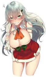 Rule 34 | 1girl, aqua hair, ascot, bare shoulders, blush, breasts, christmas tree hair ornament, cleavage, detached collar, dress, green eyes, grin, hair ornament, highres, kantai collection, large breasts, leaning forward, long hair, looking at viewer, onineko-chan, red dress, sack, simple background, smile, solo, squiggle, suzuya (kancolle), sweat, white background