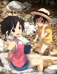 Rule 34 | 2girls, animal, black hair, blouse, blue eyes, camisole, camisole over clothes, closed mouth, crab, day, denim, denim shorts, foreshortening, hat, holding, holding animal, looking at viewer, maruhana, multiple girls, open mouth, original, outdoors, river, shirt, short hair, shorts, sitting, smile, sun hat, t-shirt, wading, white shirt, yellow shirt