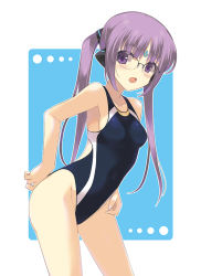 Rule 34 | 1girl, character request, competition swimsuit, dasoku sentarou, facial mark, forehead mark, glasses, long hair, one-piece swimsuit, purple eyes, purple hair, solo, swimsuit, twintails
