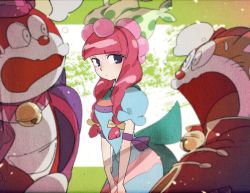 Rule 34 | 1girl, 2boys, animal ears, armlet, back bow, bell, blue dress, blunt bangs, blurry, blurry foreground, blush, bow, braid, breasts, closed mouth, dress, el matadora, furry, green background, green headwear, hair bow, idkuroi, jacket, jingle bell, light blush, long hair, looking at another, multiple boys, neck bell, open mouth, pink hair, polka dot, princess honey, puffy short sleeves, puffy sleeves, purple eyes, purple ribbon, red jacket, ribbon, short sleeves, small breasts, surprised, sweat, the doraemons, twin braids, twintails, wang dora, whiskers, white eyes, wide-eyed, yellow bow