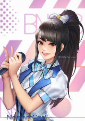 Rule 34 | 1girl, artist name, black eyes, collared shirt, grin, high ponytail, holding, holding microphone, looking at viewer, looking away, microphone, neoartcore, pink lips, puffy short sleeves, puffy sleeves, shirt, short sleeves, smile, solo, teeth, v, watermark, web address