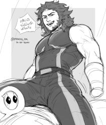 Rule 34 | 2boys, beard, belt, blush, bodysuit, boy on top, deadpool, deadpool &amp; wolverine, deadpool (series), dreaming oor, facial hair, greyscale, highres, large pectorals, long hair, male focus, marvel, mask, monochrome, multiple boys, open mouth, pectorals, single hand, sitting, sitting on person, sleeveless, smirk, speech bubble, teeth, thai text, translation request, twitter username, veins, veiny arms, wolverine (x-men), x-men, yaoi