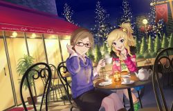 Rule 34 | 10s, 2girls, :d, aikawa chinatsu, artist request, awning, badge, banner, bare tree, black skirt, blonde hair, blue eyes, blue skirt, blue sky, boots, brick wall, brown eyes, brown hair, bush, button badge, cafe, checkered floor, christmas lights, city, closed mouth, coat, collarbone, collared shirt, cream, crossed legs, cup, dress shirt, dutch angle, eating, eyelashes, fire, fork, fur-trimmed boots, fur-trimmed coat, fur-trimmed hood, fur trim, green footwear, hair ornament, hair over shoulder, hand up, happy, heart, high ponytail, holding, holding cup, holding fork, hood, idolmaster, idolmaster cinderella girls, idolmaster cinderella girls starlight stage, jewelry, knees together feet apart, lamppost, lantern, layered clothes, light, light smile, lights, lips, long hair, long sleeves, looking at viewer, multiple girls, necklace, night, night sky, official art, ohtsuki yui, on chair, open clothes, open coat, open mouth, outdoors, padded coat, parted bangs, pencil skirt, pendant, pleated skirt, pov across table, puffy coat, purple sweater, raised eyebrows, red-framed eyewear, round table, round teeth, saucer, shirt, side ponytail, sidelocks, sitting, skirt, sky, sleeves rolled up, smile, star (sky), star (symbol), star hair ornament, starry sky, steam, sugar bowl, sweater, swept bangs, table, tea, tea set, teacup, teapot, teeth, tile floor, tiles, tree, turtleneck, turtleneck sweater, unzipped, wavy hair, white shirt, wooden table, yellow shirt