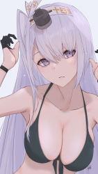 Rule 34 | 1girl, bikini, black bikini, black gloves, breasts, cleavage, clothes writing, collarbone, expressionless, front-tie bikini top, front-tie top, fuyutsuki (kancolle), gloves, grey eyes, grey hair, hachimaki, half gloves, headband, highres, kantai collection, large breasts, long hair, looking at viewer, neve (morris-minicooper), one side up, solo, swimsuit, upper body, very long hair, white headband