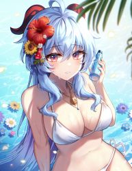 Rule 34 | 1girl, absurdres, ahoge, bare shoulders, bell, bikini, blue hair, blush, breasts, cleavage, flower, forget-me-not (flower), ganyu (genshin impact), genshin impact, goat horns, hair flower, hair ornament, hayun, highres, horns, large breasts, long hair, looking at viewer, md5 mismatch, neck bell, purple eyes, ramune, resolution mismatch, sidelocks, smile, solo, source smaller, swimsuit, wet, white bikini
