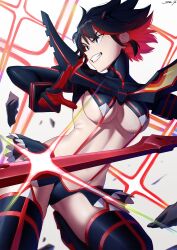 1girl artist_name black_boots black_hair black_skirt blue_eyes boots breasts colored_inner_hair commentary_request english_text floating_rock grin highres jebi kill_la_kill large_breasts looking_to_the_side matoi_ryuuko microskirt mixed-language_commentary multicolored_hair navel red_hair revealing_clothes scissor_blade_(kill_la_kill) senketsu short_hair sideways_mouth skirt smile solo sparkle streaked_hair suspenders thigh_boots two-tone_hair v-shaped_eyebrows white_background