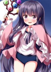 Rule 34 | 1girl, black buruma, black hair, blush, branch, buruma, commentary request, cowboy shot, eyes visible through hair, frilled sleeves, frills, full moon, gym uniform, hands up, highres, holding, holding branch, houraisan kaguya, jeweled branch of hourai, long hair, looking at viewer, moon, night, open clothes, open mouth, open shirt, purple eyes, ruu (tksymkw), shirt, sidelocks, sleeves past fingers, sleeves past wrists, solo, standing, sweatdrop, t-shirt, touhou, very long hair, white shirt