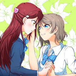 Rule 34 | 2girls, alternate costume, blazer, blue bow, blue bowtie, blue eyes, blush, bow, bowtie, collared shirt, commentary request, cosplay, eye contact, face-to-face, floral background, flower, grey hair, grin, hair ornament, hairclip, half updo, hand on another&#039;s cheek, hand on another&#039;s face, holding hands, interlocked fingers, jacket, lily (flower), long hair, long sleeves, looking at another, love live!, love live! school idol project, love live! sunshine!!, multiple girls, red hair, sakurauchi riko, school uniform, shirt, short hair, sleeves rolled up, smile, striped bow, striped bowtie, striped clothes, striped neckwear, upper body, watanabe you, white shirt, yellow eyes, yuchi (salmon-1000), yuri