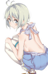 Rule 34 | .live, 1girl, ahoge, back, backless outfit, batsuma, blue skirt, breasts, brown footwear, closed mouth, grey eyes, hair between eyes, hands on own knees, legs together, looking at viewer, medium breasts, shoes, short hair, sideboob, silver hair, simple background, dennou shoujo siro, skirt, solo, squatting, thighhighs, virtual youtuber, white background, white thighhighs