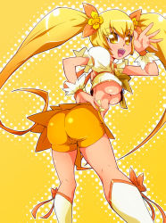 Rule 34 | 10s, 1girl, ass, bike shorts, blonde hair, boots, bow, breasts, cameltoe, cure sunshine, from behind, hair bow, hair ornament, heartcatch precure!, highres, large breasts, long hair, looking at viewer, looking back, myoudouin itsuki, orange bow, precure, ryuuta (cure ryuuta), shiny clothes, shiny skin, simple background, skin tight, skirt, smile, solo, twintails, underboob, upskirt, very long hair, yellow background, yellow eyes