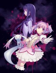 Rule 34 | 10s, 2girls, akemi homura, blood, expressionless, foreshortening, hand on another&#039;s chest, hand on own chest, highres, kaname madoka, kanjy00u, kyubey, long hair, mahou shoujo madoka magica, mahou shoujo madoka magica (anime), multiple girls, outstretched arm, outstretched hand, pink eyes, profile, purple eyes, purple hair, short hair, twintails