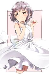 Rule 34 | 1girl, bare arms, bare shoulders, blush, bow, brown eyes, closed mouth, collared dress, commentary request, dress, grey hair, hair bow, hair flaps, hair intakes, hair ornament, hairclip, hands up, highres, idolmaster, idolmaster cinderella girls, koshimizu sachiko, pink background, sleeveless, sleeveless dress, smile, solo, two-tone background, white background, white bow, white dress, yukie (kusaka shi)