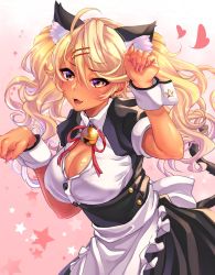 Rule 34 | 1girl, :3, :d, ahoge, alternate costume, alternate hairstyle, amaryllis gumi, animal ear fluff, animal ears, bell, blonde hair, breasts, cat ears, cat tail, cleavage, commentary request, earrings, enmaided, fake nails, fang, hair ornament, hairclip, heart, highres, jewelry, jingle bell, kemonomimi mode, large breasts, maid, open mouth, ouga saki, paw pose, red eyes, shashaki, smile, solo, star (symbol), star earrings, star hair ornament, starry background, tail, twintails, virtual youtuber