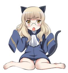 Rule 34 | 1girl, age regression, aged down, animal ears, ascot, bare legs, barefoot, blonde hair, blunt bangs, blush, body blush, cat ears, cat tail, eyebrows, full body, glasses, jacket, kaneko (novram58), knees together feet apart, long hair, long sleeves, looking at viewer, military, military uniform, no legwear, open mouth, oversized clothes, perrine h. clostermann, simple background, sitting, sleeves past wrists, solo, strike witches, sweatdrop, tail, uniform, wariza, white background, world witches series, yellow eyes