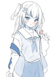 Rule 34 | 1girl, :&lt;, blue eyes, blue hair, blue theme, blush, candy, commentary, food, gawr gura, gawr gura (school uniform), hair bobbles, hair ornament, hairclip, hand up, highres, hitsukuya, holding, holding candy, holding food, holding lollipop, hololive, hololive english, jacket, lollipop, long hair, long sleeves, looking at viewer, monochrome, multicolored hair, neckerchief, off shoulder, one side up, open clothes, open jacket, parted lips, puffy long sleeves, puffy sleeves, shirt, simple background, skirt, sleeves past wrists, solo, streaked hair, sweater vest, virtual youtuber, white background