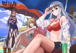 Rule 34 | 4girls, absurdres, adjusting eyewear, ahoge, arknights, ball, bare legs, bare shoulders, beach, beachball, bikini, bikini top only, black bikini, black shorts, breasts, candy, cup, day, drinking glass, drinking straw, female focus, food, fruit, highres, holding, holding ball, holding candy, holding food, holding lollipop, horns, huge filesize, innertube, lemon, lemon slice, lollipop, medium breasts, mudrock (arknights), mudrock (silent night) (arknights), multiple girls, navel, off shoulder, official alternate costume, open clothes, open shirt, outdoors, pointy ears, red bikini, red eyes, shirt, shorts, siege (arknights), silver hair, skadi (arknights), smile, soda bottle, swim ring, swimsuit, tank top, umbrella, white shirt, white tank top, xiao huang