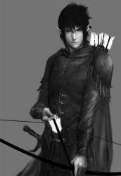Rule 34 | 1boy, armor, arrow (projectile), bow (weapon), elf, fiftyoff, greyscale, looking at viewer, male focus, monochrome, naruto, naruto (series), pointy ears, solo, standing, uchiha sasuke, weapon