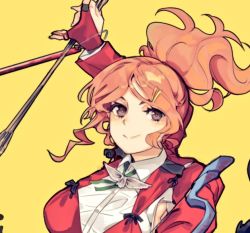 Rule 34 | 1girl, aquila (kancolle), collared shirt, commentary request, dongsa wonhyong, hair ornament, hairclip, high ponytail, jacket, kantai collection, korean commentary, long hair, looking at viewer, orange hair, red jacket, shirt, simple background, smile, solo, wavy hair, white shirt, yellow background, yellow eyes
