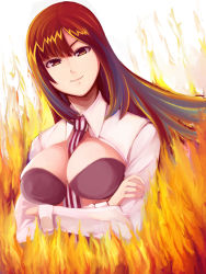 Rule 34 | 1girl, breasts, brown eyes, brown hair, crossed arms, fire, large breasts, long hair, looking at viewer, necktie, original, pixiv fantasia, pixiv fantasia new world, riochan, smile, solo