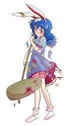 Rule 34 | 1girl, alphes (style), animal ears, bandages, bloomers, blue hair, blush, rabbit ears, dairi, dress, earclip, full body, highres, holding, kine, long hair, looking at viewer, mallet, parody, puffy short sleeves, puffy sleeves, red eyes, seiran (touhou), short dress, short sleeves, socks, solo, style parody, tears, torn clothes, touhou, transparent background, underwear, white background