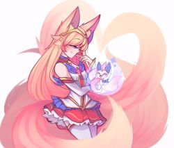 Rule 34 | 1girl, ahri (league of legends), alternate costume, alternate hair color, animal ears, blue eyes, boots, breasts, cleavage, fox ears, fox tail, league of legends, lips, long hair, magical girl, nail polish, skirt, smile, solo, star guardian (league of legends), star guardian ahri, tail, thigh boots, thighhighs, tiara