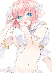 Rule 34 | 1girl, :o, @ @, absurdres, bare shoulders, blue eyes, blush, bouncing breasts, breasts, detached sleeves, hair ribbon, hair rings, highres, large breasts, looking at viewer, navel, open mouth, pink hair, princess connect!, revealing clothes, ribbon, short hair, short sleeves, simple background, solo, stomach, sweat, underboob, upper body, white background, white ribbon, yui (ceremonial) (princess connect!), yui (princess connect!), yupi (yuyupiko01)