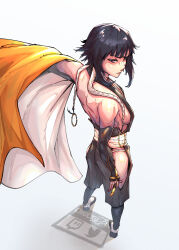 Rule 34 | 1girl, artist name, bare shoulders, black hair, bleach, breasts, brown-eared bulbul, chuckuddin, detached sleeves, from behind, fundoshi, haori, highres, hip vent, japanese clothes, looking at viewer, medium hair, short hair with long locks, shoulder blades, sideboob, small breasts, solo, sui-feng, taichou haori, twitch logo, twitter logo