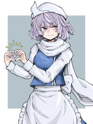 Rule 34 | 1girl, apron, blue vest, border, closed mouth, fe (tetsu), grey background, heart, heart hands, highres, letty whiterock, light purple hair, long sleeves, looking at viewer, purple eyes, scarf, smile, solo, touhou, vest, waist apron, white apron, white border, white headwear, white scarf