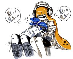 Rule 34 | 1boy, 1girl, bike shorts, blue hair, boots, closed eyes, comforting, crying, donut (zoza), flying sweatdrops, goggles, goggles on head, headphones, icon (computing), inkling, inkling boy, inkling girl, inkling player character, knee boots, layered clothes, layered sleeves, long hair, long sleeves, nintendo, orange hair, partially colored, pointy ears, pudding (zoza), shirt, short hair, short over long sleeves, short sleeves, shorts, single vertical stripe, sitting, smile, splatoon (series), splatoon 1, squid, sweatdrop, tears, tentacle hair, topknot, zoza