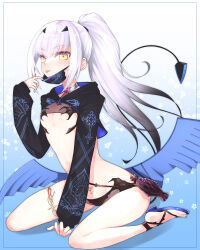 Rule 34 | 1girl, bikini, black bikini, black hair, breasts, cropped jacket, dragon wings, fate/grand order, fate (series), forked eyebrows, gradient background, gradient hair, hazuki-a, high ponytail, highres, hooded shrug, kneeling, long hair, long sleeves, looking at viewer, mask, mask pull, melusine (fate), melusine (swimsuit ruler) (fate), melusine (swimsuit ruler) (first ascension) (fate), mouth mask, multicolored hair, pubic tattoo, sandals, shrug (clothing), sidelocks, small breasts, smile, solo, stomach, swimsuit, tail, tattoo, thighlet, thighs, tongue, tongue out, white hair, wings, yellow eyes
