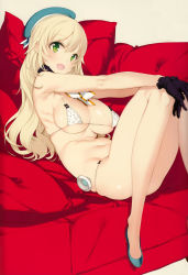 Rule 34 | 10s, 1girl, atago (kancolle), bikini, black gloves, blonde hair, blush, breasts, couch, gloves, green eyes, hands on own knees, hat, highres, kadokawa games, kantai collection, large breasts, legs, long hair, long legs, looking at viewer, micro bikini, ooyari ashito, open mouth, pillow, scan, skindentation, smile, solo, swimsuit, white bikini