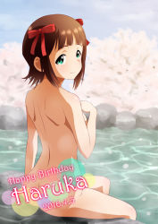 Rule 34 | 10s, 1girl, 2016, amami haruka, ass, blue sky, blunt bangs, blush, body blush, bow, breasts, brown hair, character name, cherry blossoms, closed mouth, dated, day, from behind, green eyes, hair bow, happy birthday, idolmaster, idolmaster (classic), looking back, nude, onsen, plant, red bow, rock, short hair, sidelocks, sitting, sky, smile, soaking feet, solo, spring (season), sunsun69, tareme, tree, water